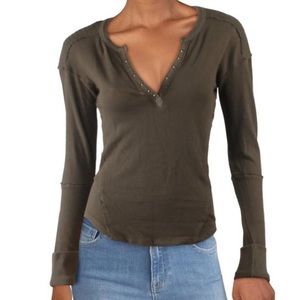Free People We The Free Womens Military Mix Cotton Studded Henley Top